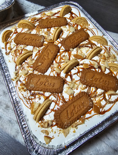 Lotus Biscoff Banana Pudding decorated with Lotus Biscoff cookies and golden oreos.