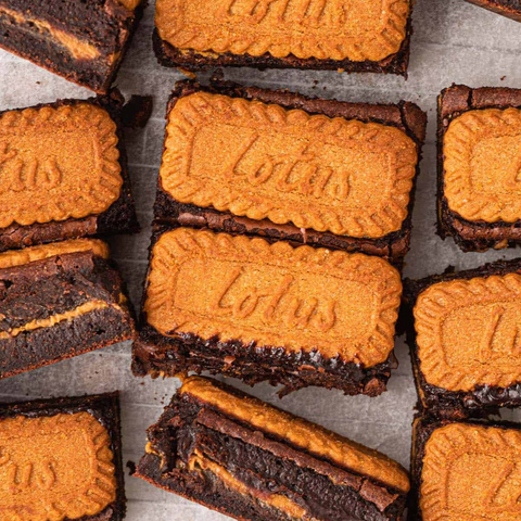 Close up of Lotus Biscoff Brownies.