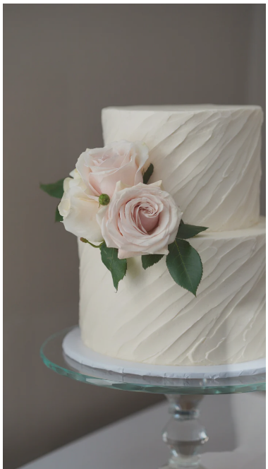 White buttercream cake deocrated with light pink flowers on a glass cake plate. 